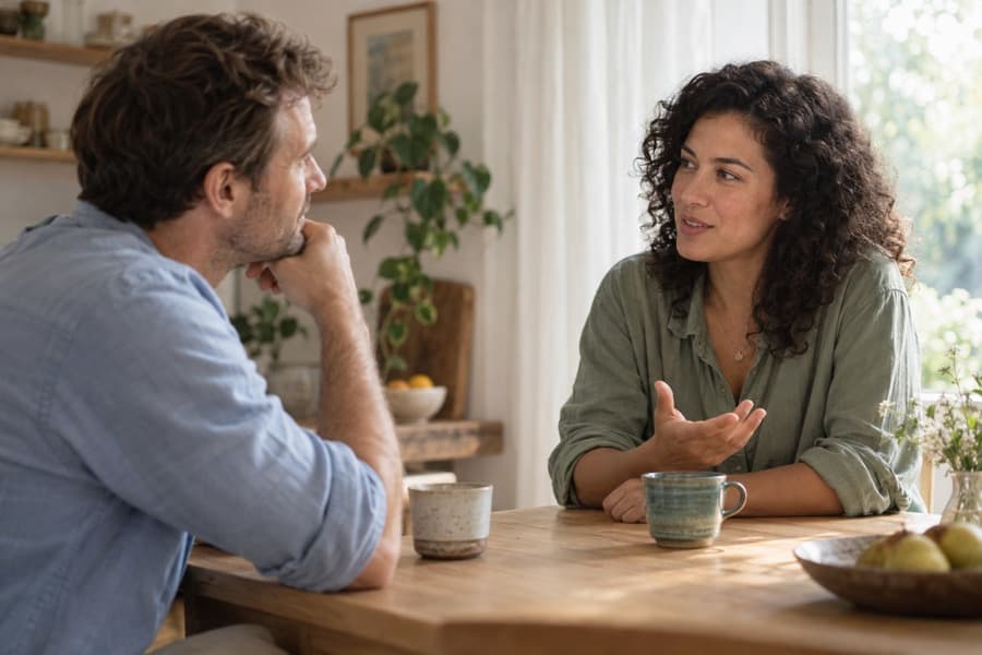 Illustrative everyday conversation: a woman shares how she feels with someone at home.